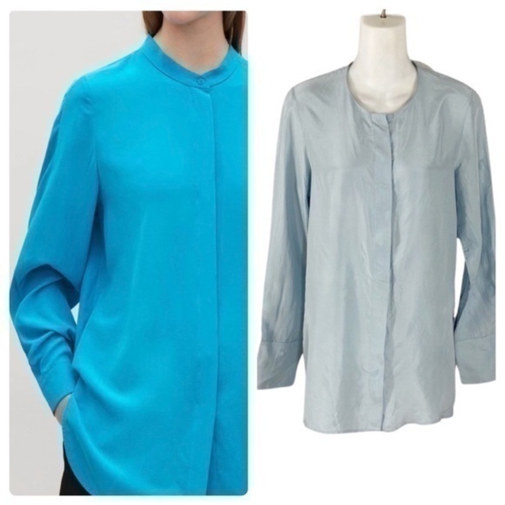 COS Grandad-Collar Light Blue Silk Button Down Blouse WW11